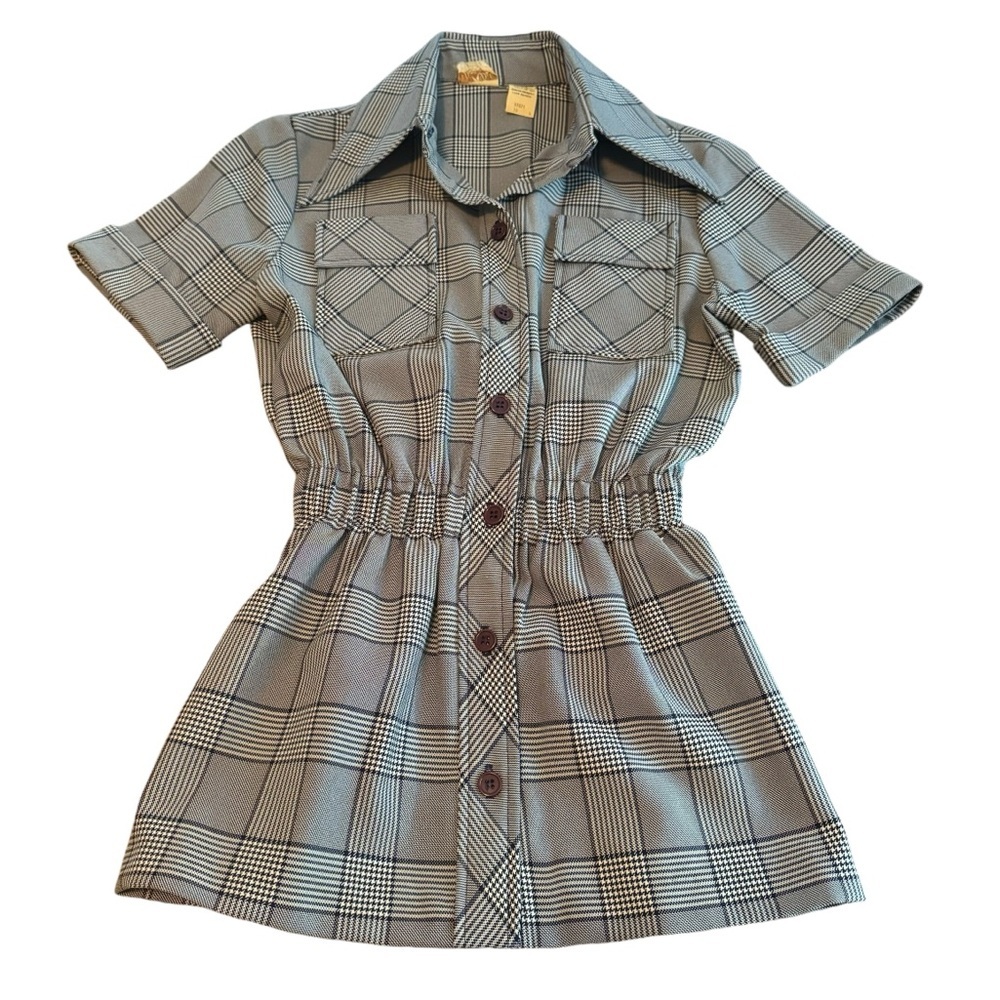 Dixie Deb Check Plaid Button Down Shirt Size L Blue & White Vintage​